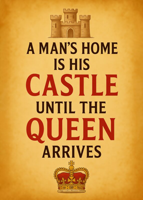 Plakat med teksten 'A man's home is his castle until the queen arrives' og et slot og en krone.