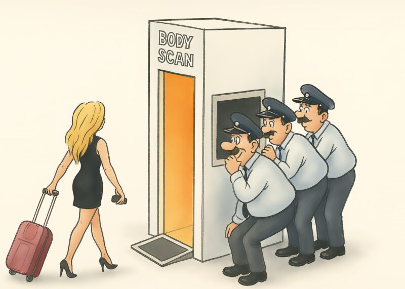 Karikatur med en kvinde med kuffert, der går mod en kropsscanningsmaskine med tre sikkerhedsvagter.