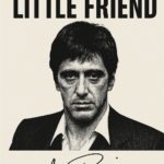 Portræt af Al Pacino som Tony Montana med teksten 'Say hello to my little friend'.