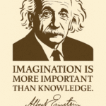 Illustration af Albert Einstein med citatet 'Imagination is more important than knowledge'.