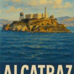 Maleri af Alcatraz ø med bygninger og fyrtårn i baggrunden.