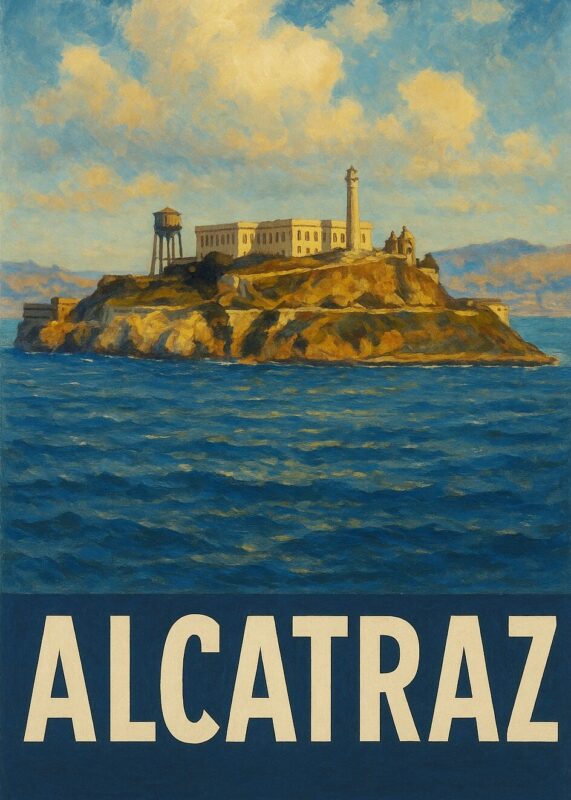 Maleri af Alcatraz ø med bygninger og fyrtårn i baggrunden.