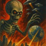Illustration af en alien med et skelet ansigt, der angriber jorden med UFO'er i baggrunden.