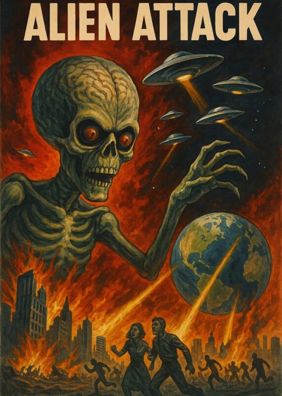 Illustration af en alien med et skelet ansigt, der angriber jorden med UFO'er i baggrunden.