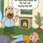 Tegneserieillustration af en mand, der taler til en kvinde, der ligger på gulvet i en stue.
