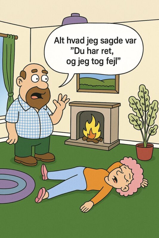 Tegneserieillustration af en mand, der taler til en kvinde, der ligger på gulvet i en stue.