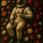 Astronaut iført rumdragt sidder blandt farverige blomster i en have.
