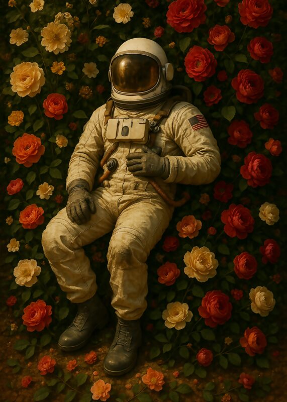 Astronaut iført rumdragt sidder blandt farverige blomster i en have.