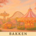 Billede af Bakken forlystelsespark med en karussel og en rutsjebane i baggrunden under en rosa himmel.