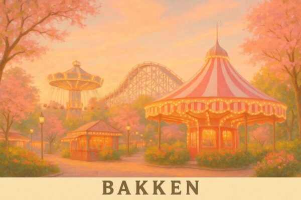 Billede af Bakken forlystelsespark med en karussel og en rutsjebane i baggrunden under en rosa himmel.