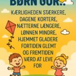 Illustration af to børn, en dreng og en pige, der leger med en drage på en farverig baggrund.