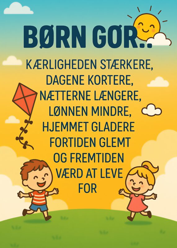 Illustration af to børn, en dreng og en pige, der leger med en drage på en farverig baggrund.