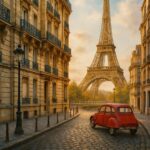 En rød bil parkeret på en gade med Eiffeltårnet i baggrunden i Paris.