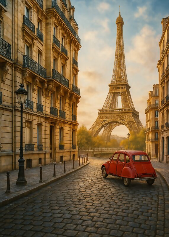 En rød bil parkeret på en gade med Eiffeltårnet i baggrunden i Paris.