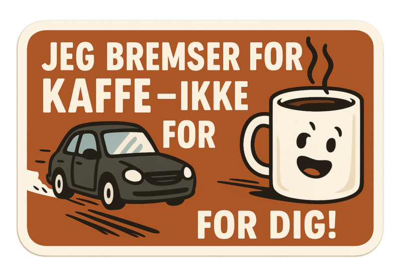 Illustration af en sort bil og en kaffekop med smilende ansigt og tekst om kaffe.