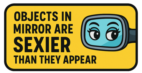 Illustration af et spejl med teksten 'Objects in mirror are sexier than they appear' i en farverig stil.