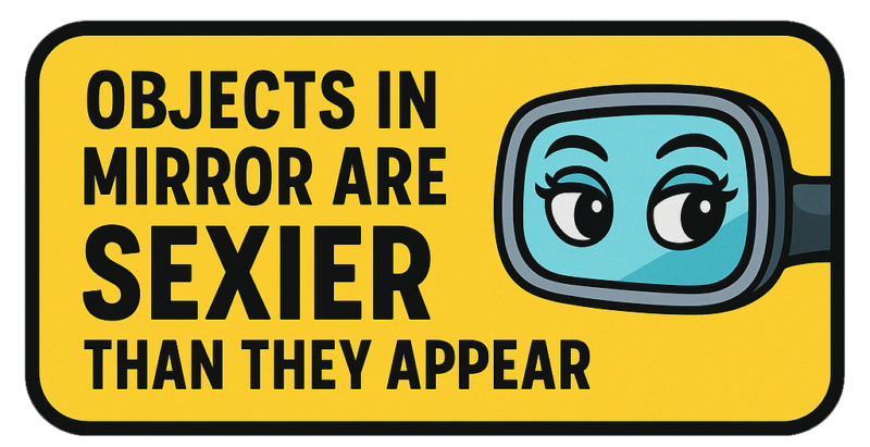 Illustration af et spejl med teksten 'Objects in mirror are sexier than they appear' i en farverig stil.