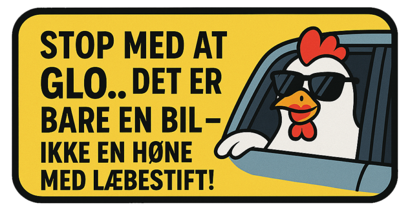 Kylling med solbriller, der stikker hovedet ud af vinduet på en bil med en gul baggrund.