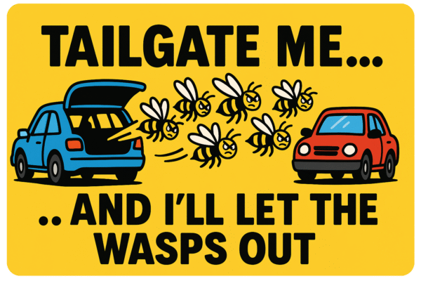 Gult skilt med illustration af biler og hvepse samt teksten 'TAILGATE ME... AND I'LL LET THE WASPS OUT'.