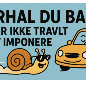 Illustration af en snegl iført solbriller ved siden af en gul bil med tekst om hastighed.