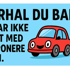 Illustration af en rød bil og en snegl med solbriller, der står ved siden af bilen.