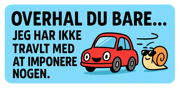 Illustration af en rød bil og en snegl med solbriller, der står ved siden af bilen.