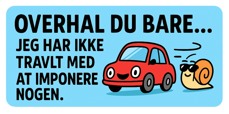 Illustration af en rød bil og en snegl med solbriller, der står ved siden af bilen.