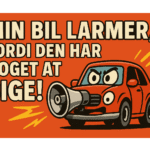 Rød bil med en megafon, der står på en orange baggrund med tekst om bilens støj.