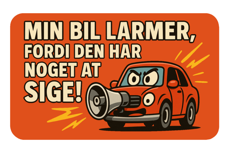 Rød bil med en megafon, der står på en orange baggrund med tekst om bilens støj.