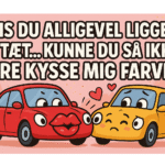 Illustration af en rød bil med ansigtstræk, der kysser en gul bil med ansigtstræk, med tekst ovenfor.