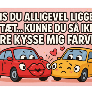 Illustration af en rød bil med ansigtstræk, der kysser en gul bil med ansigtstræk, med tekst ovenfor.