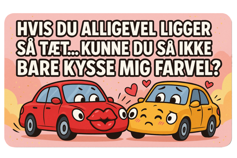Illustration af en rød bil med ansigtstræk, der kysser en gul bil med ansigtstræk, med tekst ovenfor.