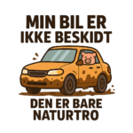 Illustration af en beskidt gul bil med en gris, der kigger ud af vinduet.
