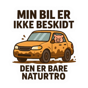 Illustration af en beskidt gul bil med en gris, der kigger ud af vinduet.