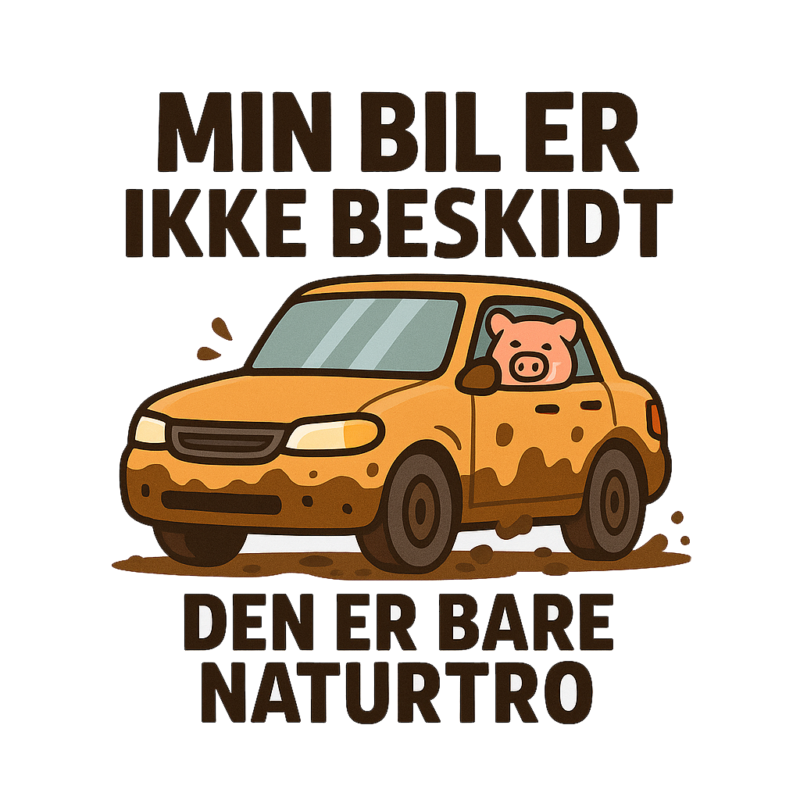 Illustration af en beskidt gul bil med en gris, der kigger ud af vinduet.