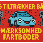 Farverig illustration af en glad bil med højttalere og tekst om opmærksomhed og fartbøder.