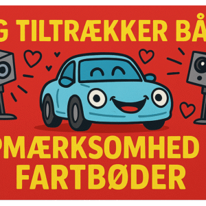 Farverig illustration af en glad bil med højttalere og tekst om opmærksomhed og fartbøder.