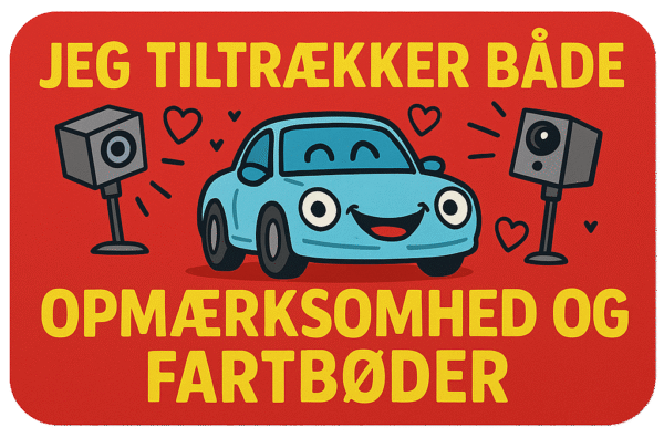 Farverig illustration af en glad bil med højttalere og tekst om opmærksomhed og fartbøder.