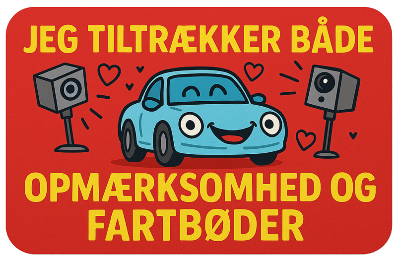 Farverig illustration af en glad bil med højttalere og tekst om opmærksomhed og fartbøder.