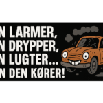Illustration af en orange bil med smilende ansigt og tekst om bilens tilstand.