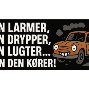 Illustration af en orange bil med smilende ansigt og tekst om bilens tilstand.
