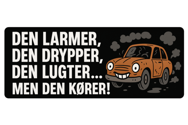Illustration af en orange bil med smilende ansigt og tekst om bilens tilstand.