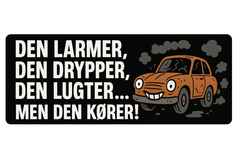 Illustration af en orange bil med smilende ansigt og tekst om bilens tilstand.