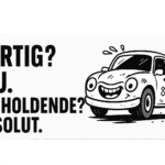 En tegneserieagtig bil med et smilende ansigt og tekst om hastighed og holdbarhed.