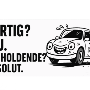 En tegneserieagtig bil med et smilende ansigt og tekst om hastighed og holdbarhed.