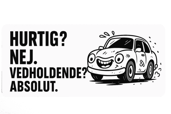 En tegneserieagtig bil med et smilende ansigt og tekst om hastighed og holdbarhed.
