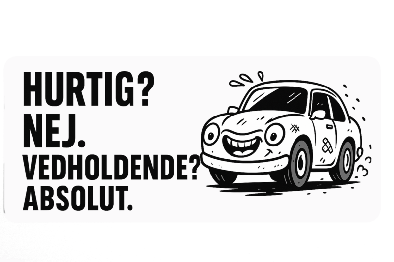 En tegneserieagtig bil med et smilende ansigt og tekst om hastighed og holdbarhed.