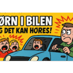Illustration af en mand, der kører en bil, mens børn råber i baggrunden.