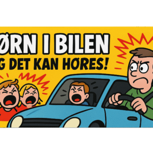 Illustration af en mand, der kører en bil, mens børn råber i baggrunden.