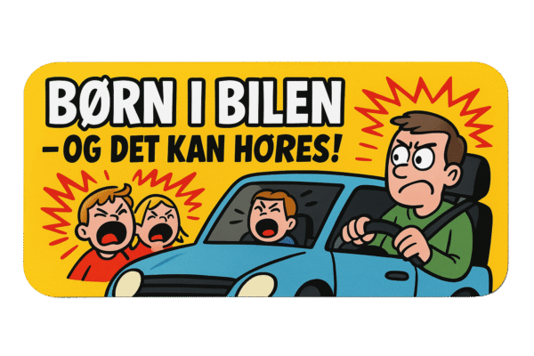 Illustration af en mand, der kører en bil, mens børn råber i baggrunden.